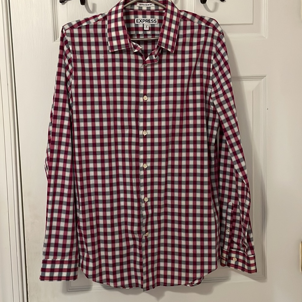 Express Men Red Checkered Button Down Long Sleeve Shirt Extra Slim Fit Size M